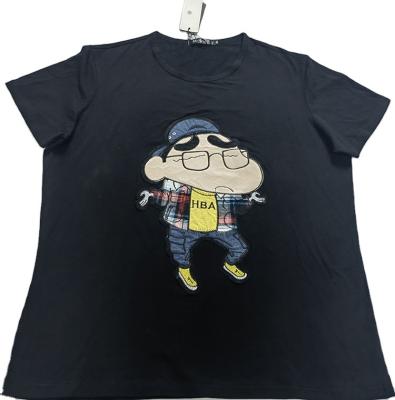 China Custom Korean High Quality Simple Loose Casual Cotton T-shirt Stick Cloth Embroidery Cartoon Oversized T-shirt Anti-wrinkle T-shirt for sale