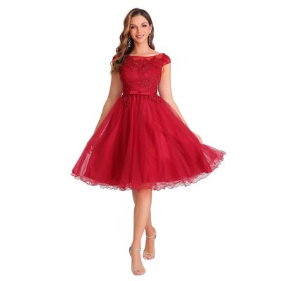 China Factory Wholesale Anti-Static Mini Cute Solid Embroidery Lace Red Sleeveless Beading Prom Party Cocktail Evening Dress for sale