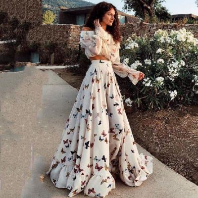 China Latest Design Anti-Static Women Dress Boho Big Brim Dresses Butterfly Print Beach Two Piece Dress for sale