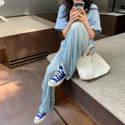 China Breathable Maternity Blue Plaid Split Straight Tube Women Pants Leg Pants Loose Wiping Ins For Summer Thin Wide Casual for sale