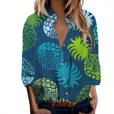 China Hawaiian tropical pineapple fresh multi pattern anti-shrink women's blouses and shirts plus size Lady Shirt customs office blouse for sale