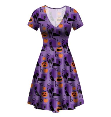 China Purple Cat Bat Print Women Dress Halloween Pumpkin Short Sleeve Dress Women Anti-wrinkle Summer Casual Dress Plus Size for sale