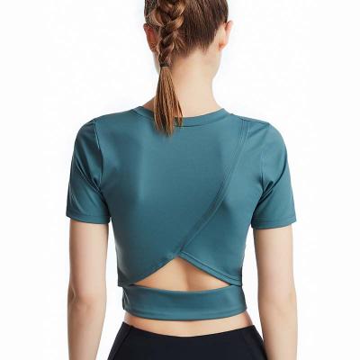 China News Lulu Nude Sports Breathable T-shirt Women's Elastic Thin Cross Back Yoga Fitness Cross Top for sale