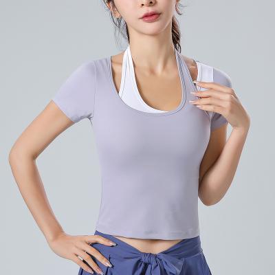 China Women's Breathable Running Elastic Quick Dry Yoga Sports Fitness Tight Short Sleeved Top for sale