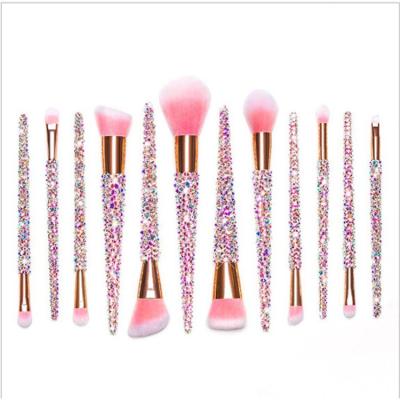 China Angular Blush Rose Gold Glitter Handle 12pcs Diamond Base Crystal Set Brush With PU Bag Makeup Brushes for sale