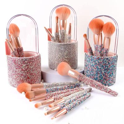 China Wholesale Angular Blush Makeup Brush Tool Kit Colorful Glitter Diamond Luxury Crystal Bling Make Up Brushes For Female for sale