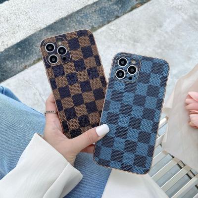 China Shockproof Electroplated edge checkerboard grain smartphone case for iphone15/14/12/13/11promax leather surface for sale