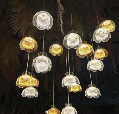 China Event Party Supplies New Dinner Room Ceiling88 Metal Flores Convallaria Majalis Ceiling Wedding Flower Lights in Gold Silver Crystal for sale