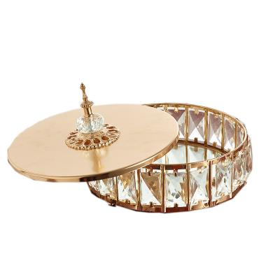 China Europe styple metal glass mirror base with crystals make up jewelry storage tray with cover for home decoration for sale