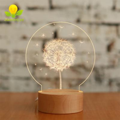 China 2018 New Eco-friendly Style 3D Dandelion Table Lamp, Acrylic Carved Inside Wooden Base Dandelion Led Desk Lamp for sale