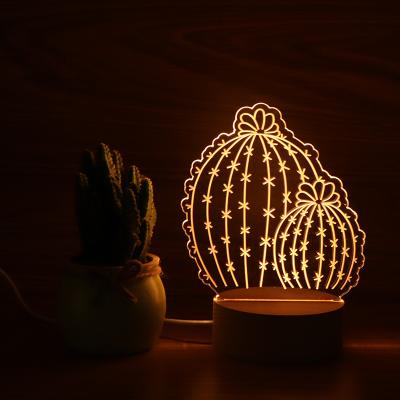 China Nordic Modern Mood Light Cactus Shape Morden Style 3D Wooden Base Night Light for sale