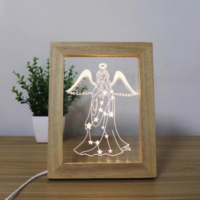 China Wholesale Angel Acrylic Photo Frame Led Night Light Modern Oak Wooden Lamp Gift For Home Decoration for sale