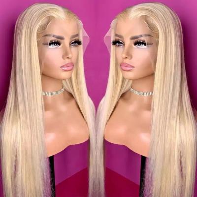 China Good Quality Raw Hair Straight 13*4 Blonde Preplucked Hair Glueles Lace Front Wig In Stock Blonde Color 613 Lace Wigs For Women for sale