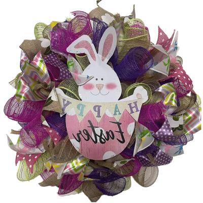 China 2022 Easter Nylon Happy Bunny Door Wreath Hanger Decorations For Front Door Hanging Sign Happy Easter Bunny Outside Decor for sale