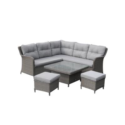 China Comfortable New Design Modern Dark Gray Corner Dining Lounge Garden Rattan Furniture Stool Sofa Set With Glass Table for sale