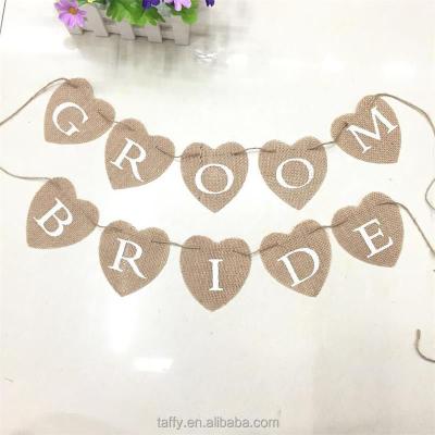 China Hessian Heart Wedding Chair Banner Sash Signs Mr. and Mrs. Bride and Groom Wedding Banner Rustic Burlap Burlap Wedding Chair Sash Signs for sale