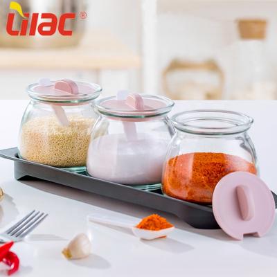 China Stock 290ml*3pcs Viable Appearance Lilac Delicate Sufficient Acacia / Mamboca Round Nordic Kitchen Storage Spice Container Glass Jar for sale