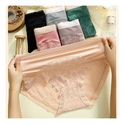 China Anti-Bacterial Oversized satin ice silk underwear for women with added fat, high waist, sexy lace,crotch breathable and comfortable for sale