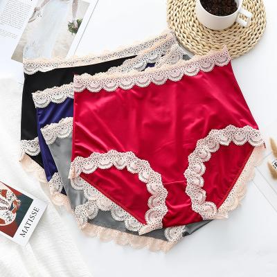 China Anti-Bacterial Oversized ice silk underpants women's fat mm100kg high waist satin sexy lace comfortable breathable fat Briefs women for sale