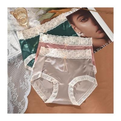 China Anti-Bacterial High Waist Satin Ice Silk Underwear Women's Silk Crotch Sexy Lace Bow Comfortable Breathable Panties for sale