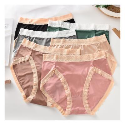 China Anti-Bacterial New Women's Ice Silk Briefs Satin Lace Underwear Middle Waist Panties for sale