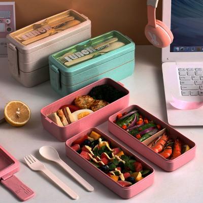 China Environmental Friendly Portable Wheat Microwavable Straw Bento Lunch Box Kids and Adults Rectangle Food Container for sale