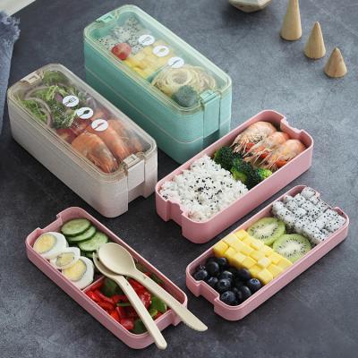 China Wheat Safe Biodegradable Japanese Microwave Microwavable 3 Layers Kids Lunch Box Bento Container Food Storage Straw for sale