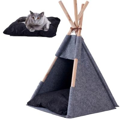 China Viable Custom Wooden Teepee For Dog And Cat Folding Pet Tent Shape With Removable Washable Soft Warm Comfy Mat Felt Pet Bed for sale