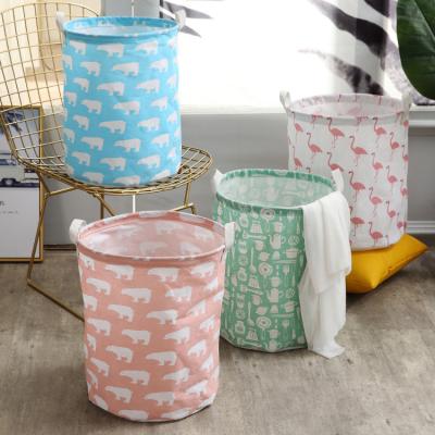 China Modern Bathroom Large Storage Laundry Hamper Round Free Folding Fabric Laundry Hamper With Leather Handle for sale