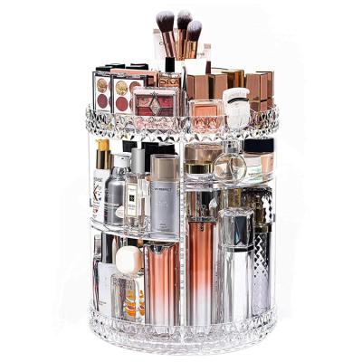 China Stocked 360 Degree Rotating Stand Cosmetic Case Organizer Acrylic Makeup Display Carousel Rotating Storage Organizer Cosmetic Rack for sale