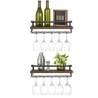 China Sustainable Rustic Wall Mounted Floating Wooden Wine Bottle Rack Shelves Wine Display Storage Rack With Stemware Hanger for sale