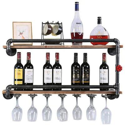 China Industrial Wall Mounted Viable DIY Pipe Metal Wine Display Rack Rack Bottle Glass Storage Shelves With Stemware Hanger for sale