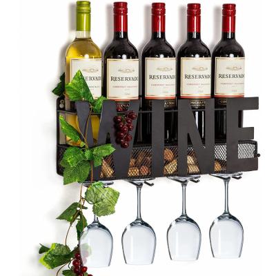 China Viable Wall Mounted Wine Champagne Display Storage Rack Bottle Glass Rack Shelves with Cork Storage and Stemware Hanger for sale