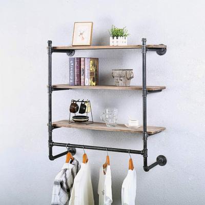 China Modern Wall Mounted Floating Industrial Pipe Clothing Rack Shelving With Shelf Wooden Steamer Fabrics Display Storage Garment Rack Punk for sale