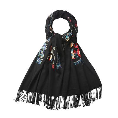 China 2020 new high quality ultra soft 100% viscose shawl viscous floral custom design women tassel embroidery scarf for sale