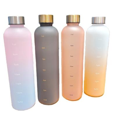 China Sustainable 1L Water Bottle With Time Marker 32 Ounce Leakproof Outdoor Motivational Reusable Sports Travel Fitness Frosted Plastic BPA Free for sale