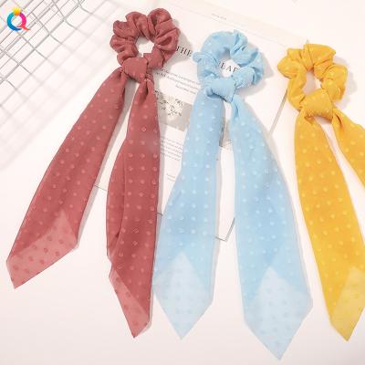 China New Hotsale Korean Durable QIYUE Chiffon Ribbon Hair Scarf Scrunchies 12 Colors High Tech Clear Organza Embroidery Flower Scrunchies for sale