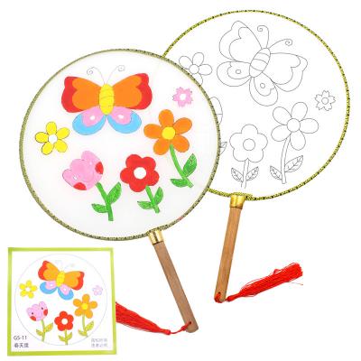 China Bamboo handle+thickened painting custom doodle round fan DIY hand held wood silk fan white wholesale silk fan for sale