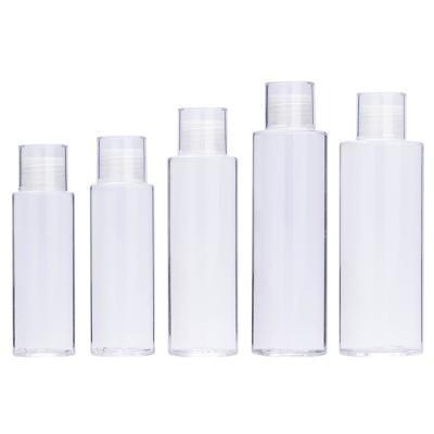 China 100ml-250ml Stain Cosmetic Packaging Material Liquid Dispensing Bottle Empty Clear Flat Shoulder Cap Inner PET Plastic for sale