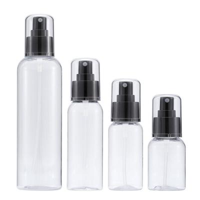 China Used for 50-250ml smudge toner cosmetic packaging material transparent water bottle round shoulder PET fine mist spray plastic bottle for sale