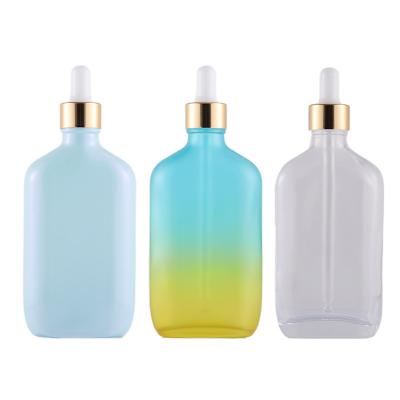 China Manufacturers Stock 100ml Cosmetic Empty Bottle Packaging Materials Cosmetic Essential Oil Frosted Flat Square Glass Dropper Bottle for sale