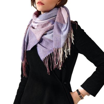 China 105*105 Customized Checked Knitted Checked Warm Scarf Tassels Cashmere Square Scarves For Ladies for sale