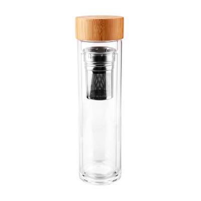 China Viable Custom Logo 400ml/13oz Borosilicate Tea Infuser Metal Strainer Travel Mug High Quality Glass Water Bottles With Bamboo Fiber Lid for sale