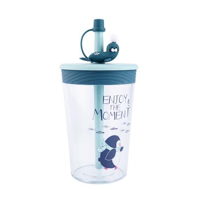 China Eco Friendly 450ml Tritan Sustainable Double Wall Water Cup Kids Travel Mug Cute Milk Cup With Straw for sale