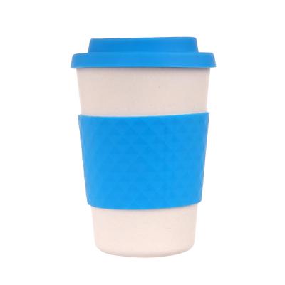 China Cheap Disposable Cup Fiber Travel Cup 300ML Biodegradable Bamboo Coffee Cups With Silicone Sleeve And Lid for sale