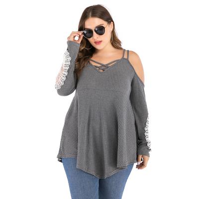 China Plus size T2103 plus size ladies hollow out V-neck lace women long sleeve design tops fall to wear ruffle tops for sale