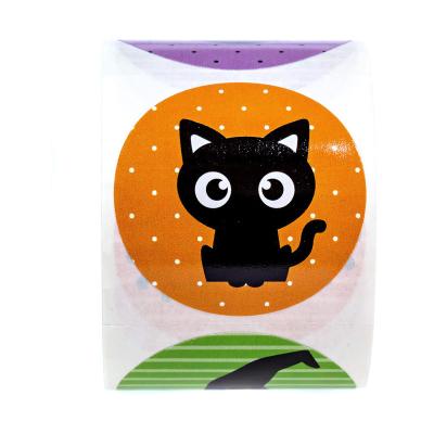 China New Style Halloween Cartoon Spider Bat Hat Kitten Ghost Pumpkin Holiday Round Waterproof Stickers for sale