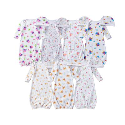 China Babany 2pcs Breathable Babies Cotton Print Long Sleeve Sleeper Dress Cap Newborn Hat for sale