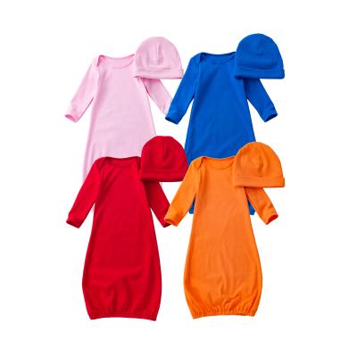 China Babany 2PCS Breathable Baby Cotton Solid Color Newborn Long Sleeve Sleeper Gown Unisex Hat for sale