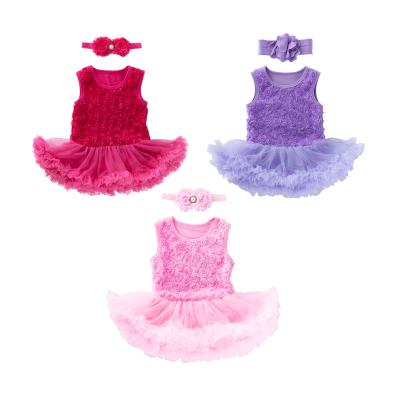 China Wholesale Newborn Baby Breathable My Girls Sleeveless Rose Romper Headband Dress 2pcs Outfit for sale